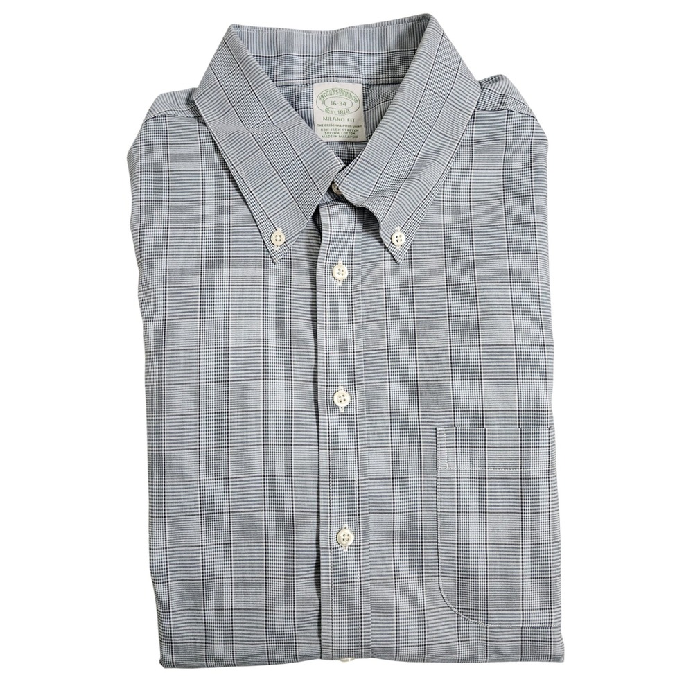 Brooks Brothers Milano Fit Plaid Dress Shirt Blue Gray Quiet Luxury Ivy 16 34 - Picture 5 of 12